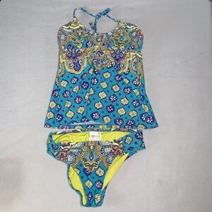 Trina Turk Two Piece Tankini Swimsuit US 4 Teal, Green, Yellow Paisley